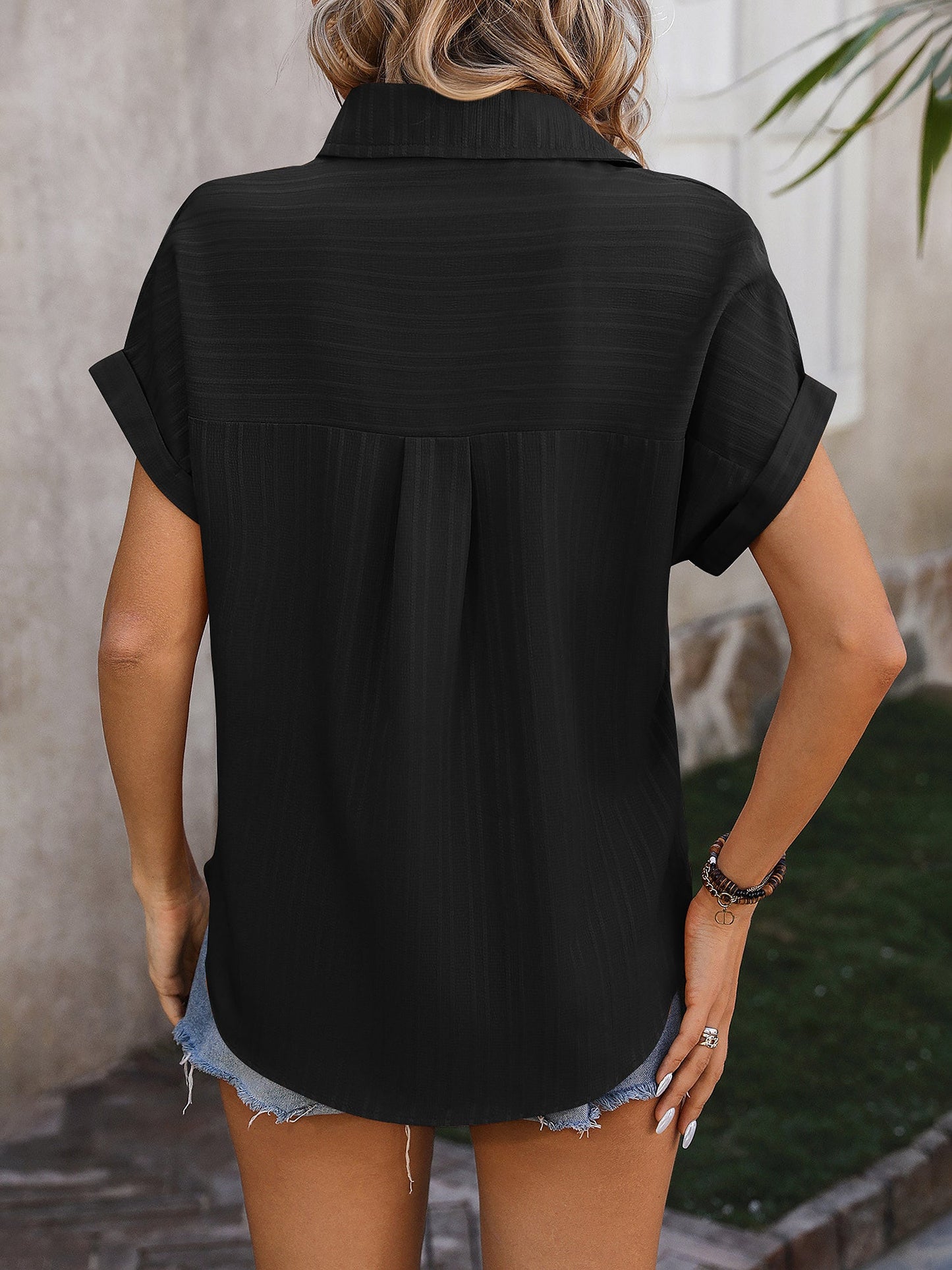 Drop Shoulder Short Sleeve Textured Casual Blouse