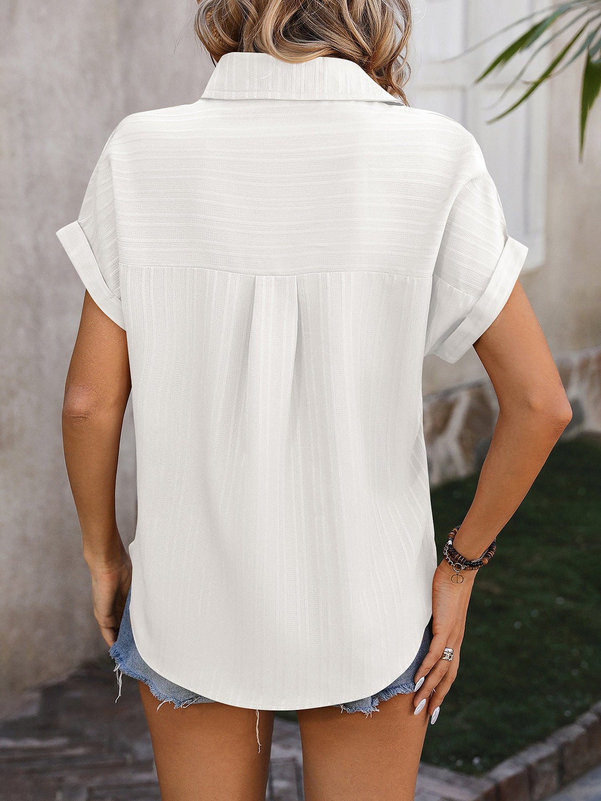 Drop Shoulder Short Sleeve Textured Casual Blouse