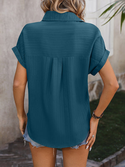 Drop Shoulder Short Sleeve Textured Casual Blouse