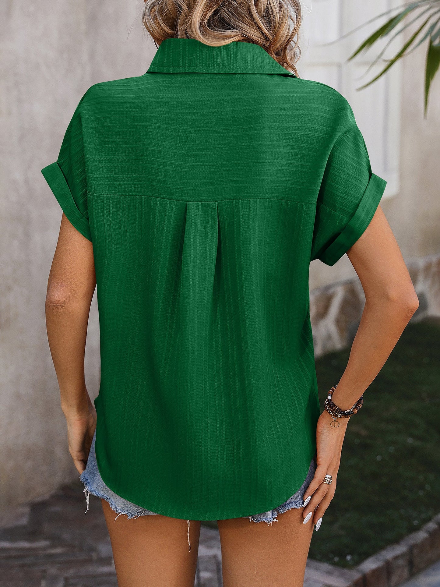 Drop Shoulder Short Sleeve Textured Casual Blouse