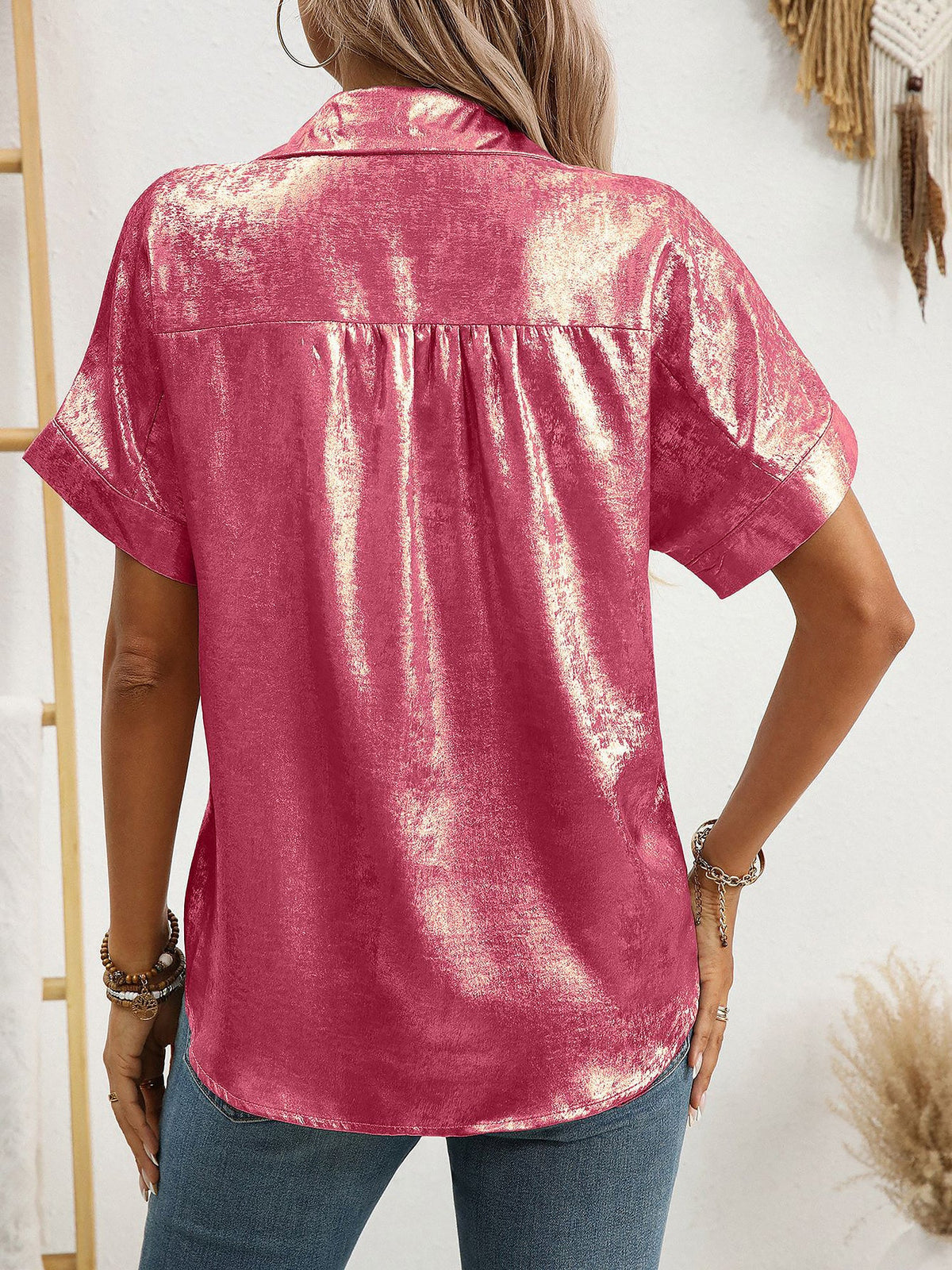 Notched Lapel Metallic Button Down Shirt