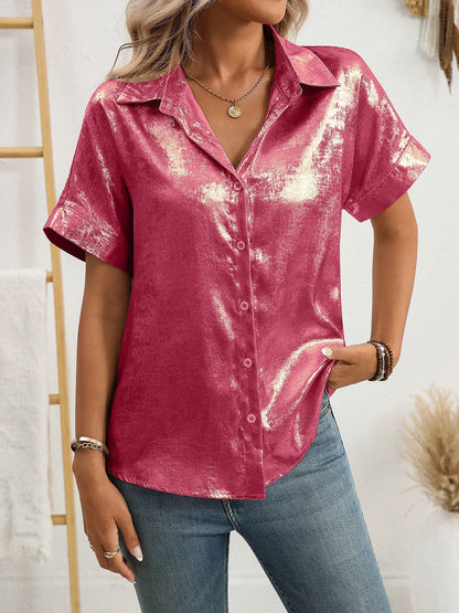 Notched Lapel Metallic Button Down Shirt