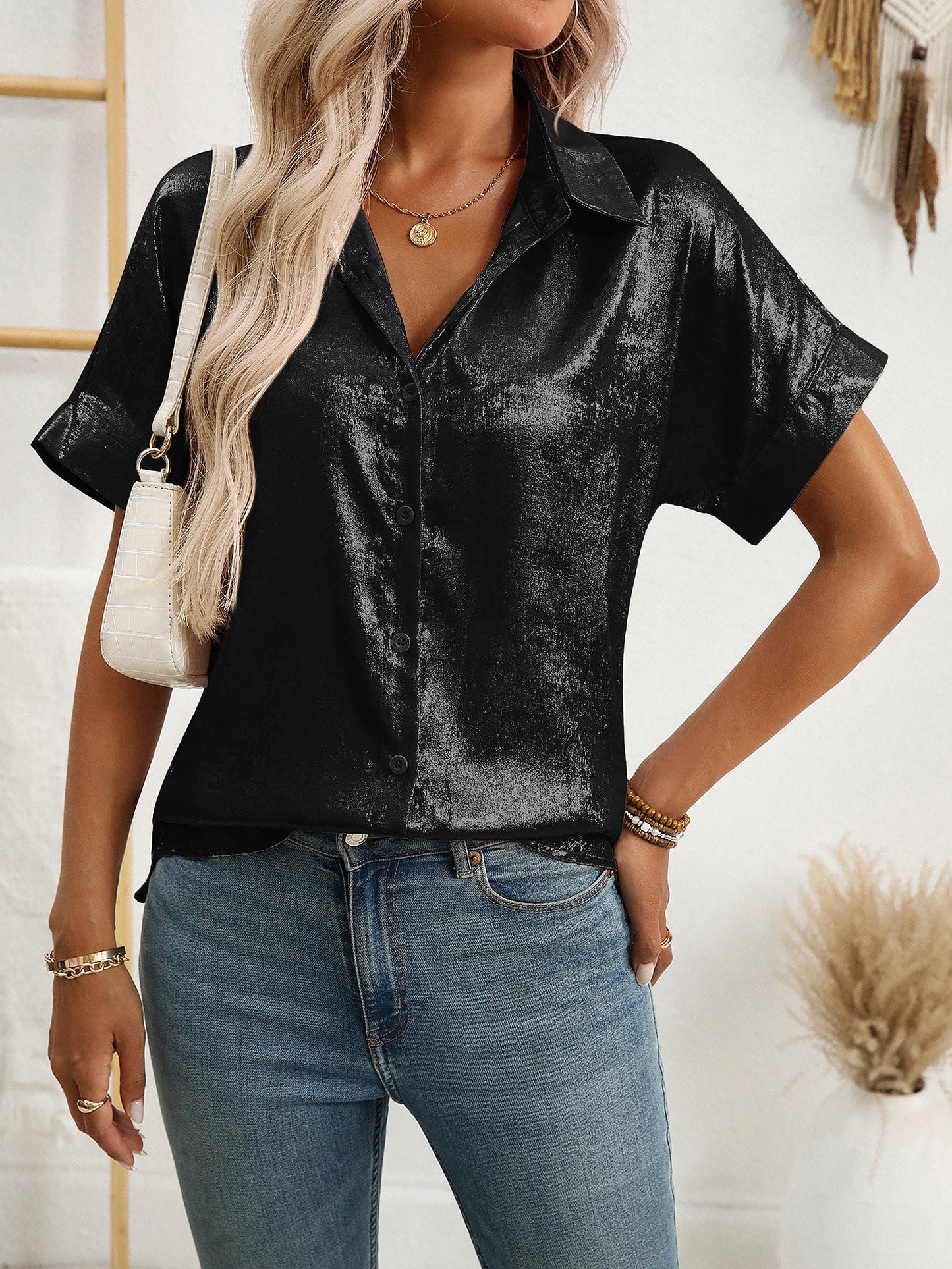 Notched Lapel Metallic Button Down Shirt