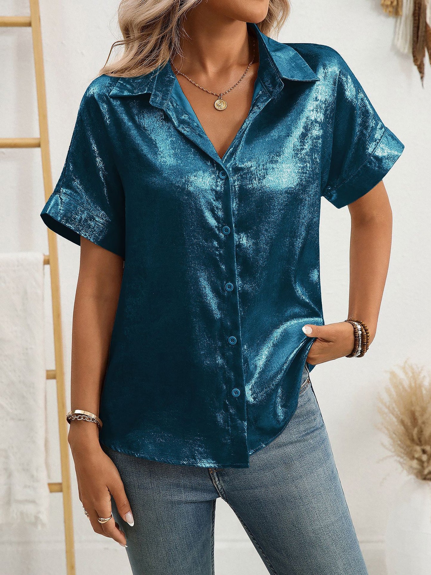 Notched Lapel Metallic Button Down Shirt