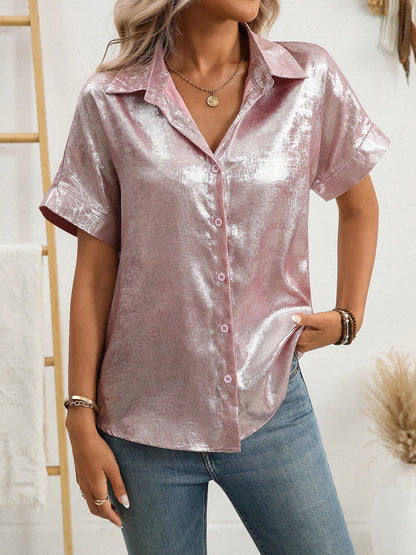 Notched Lapel Metallic Button Down Shirt