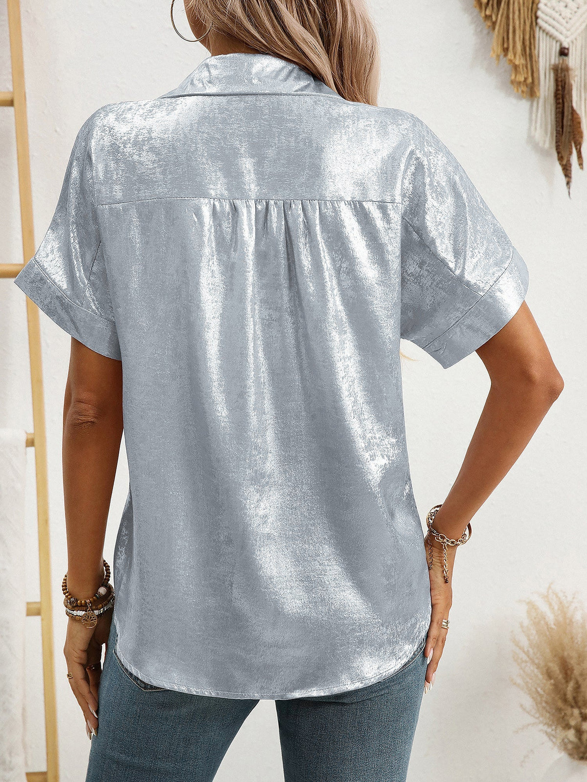 Notched Lapel Metallic Button Down Shirt