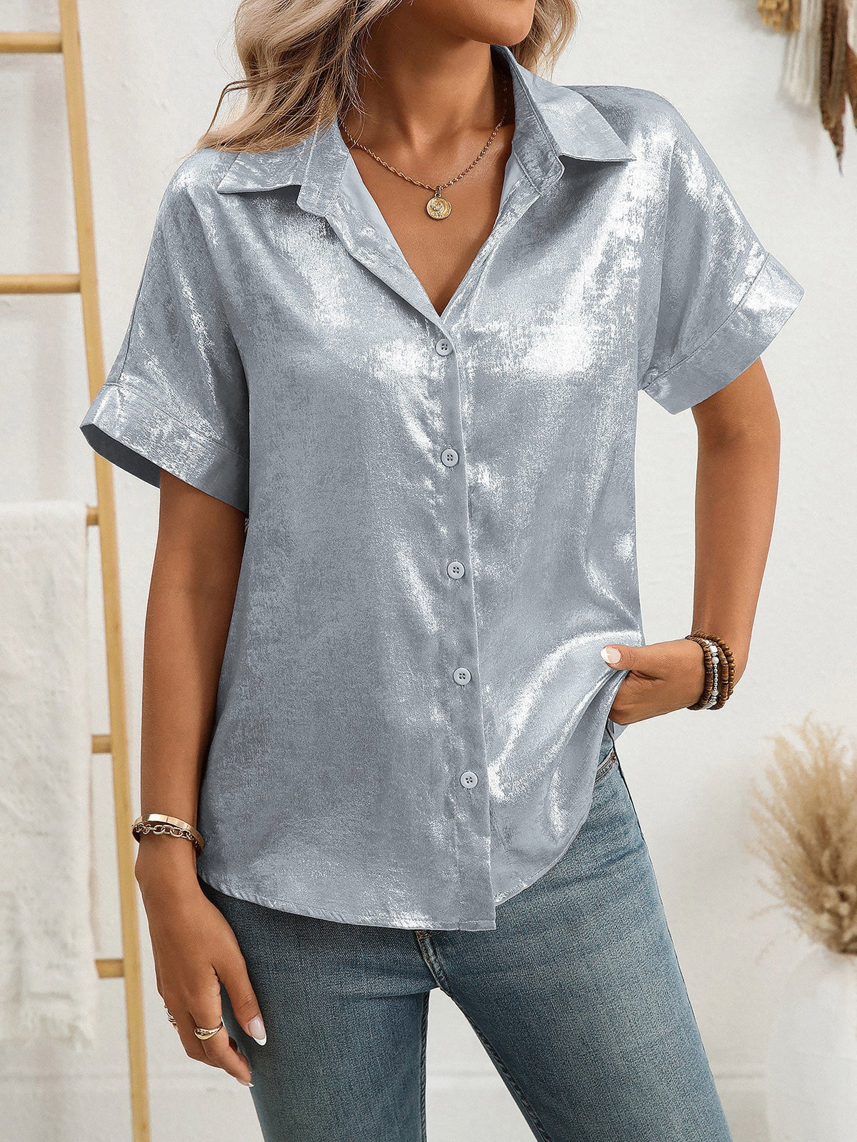 Notched Lapel Metallic Button Down Shirt