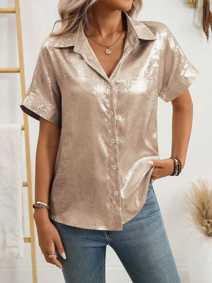 Notched Lapel Metallic Button Down Shirt