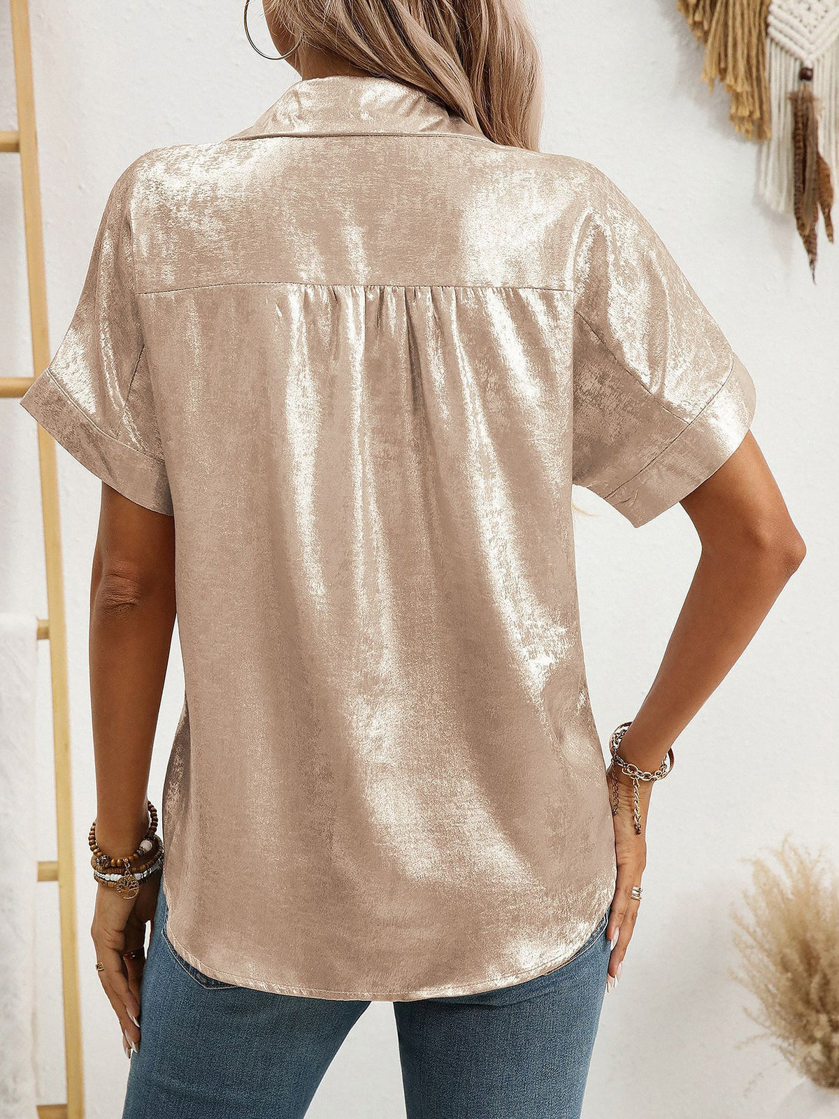 Notched Lapel Metallic Button Down Shirt