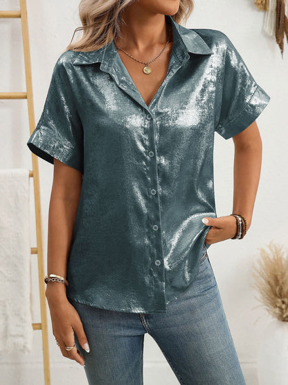Notched Lapel Metallic Button Down Shirt