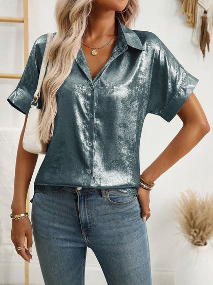 Notched Lapel Metallic Button Down Shirt