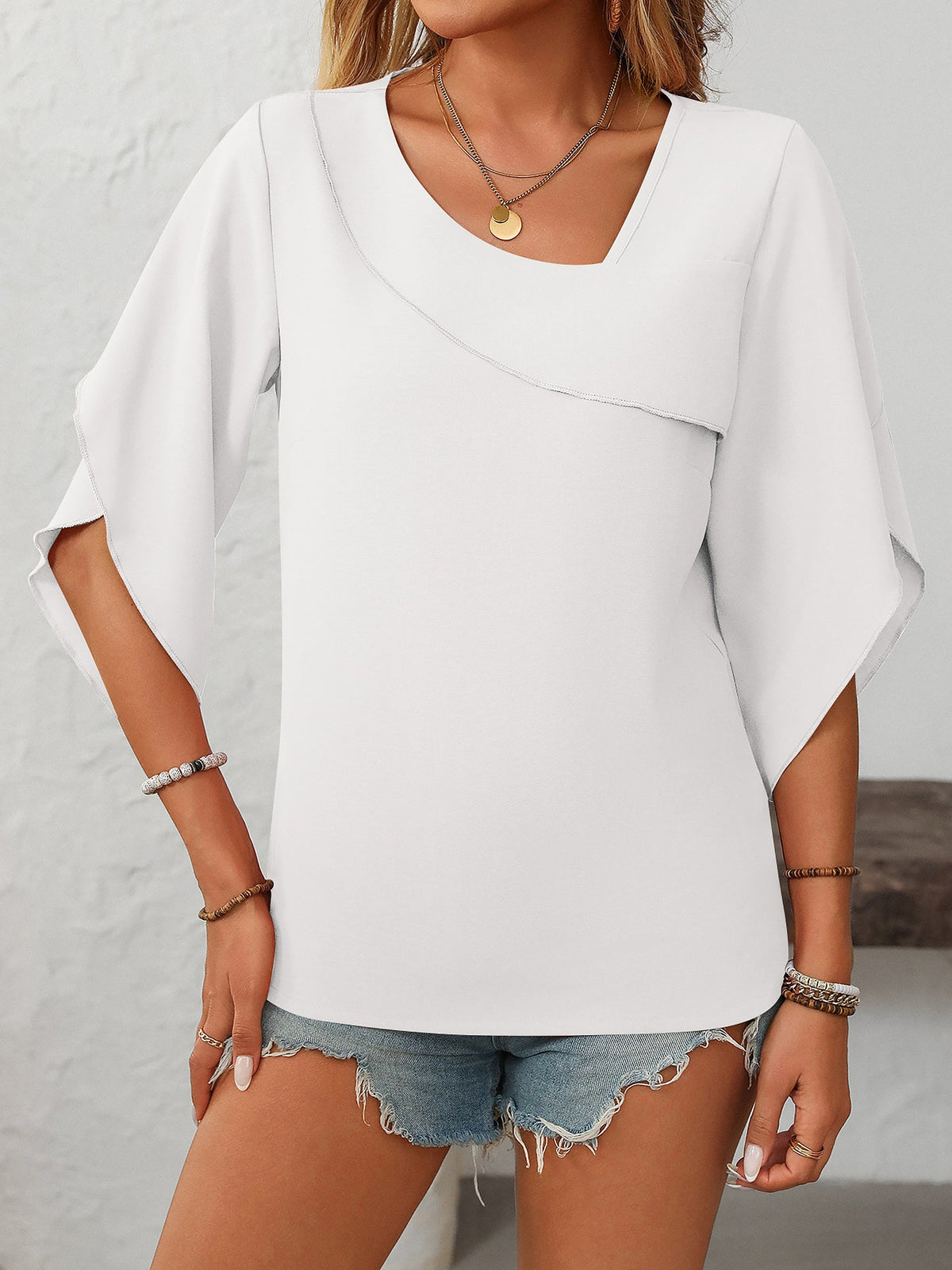 Trendy Irregular Neck Chiffon 3/4 Sleeve Casual Office Blouse