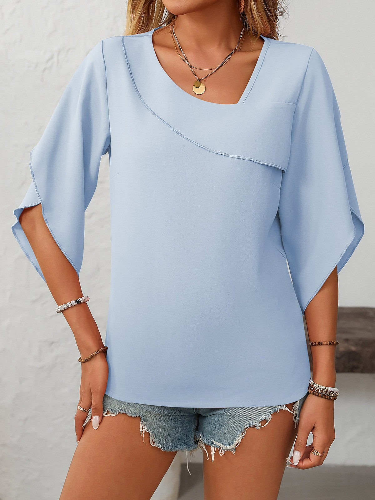 Trendy Irregular Neck Chiffon 3/4 Sleeve Casual Office Blouse