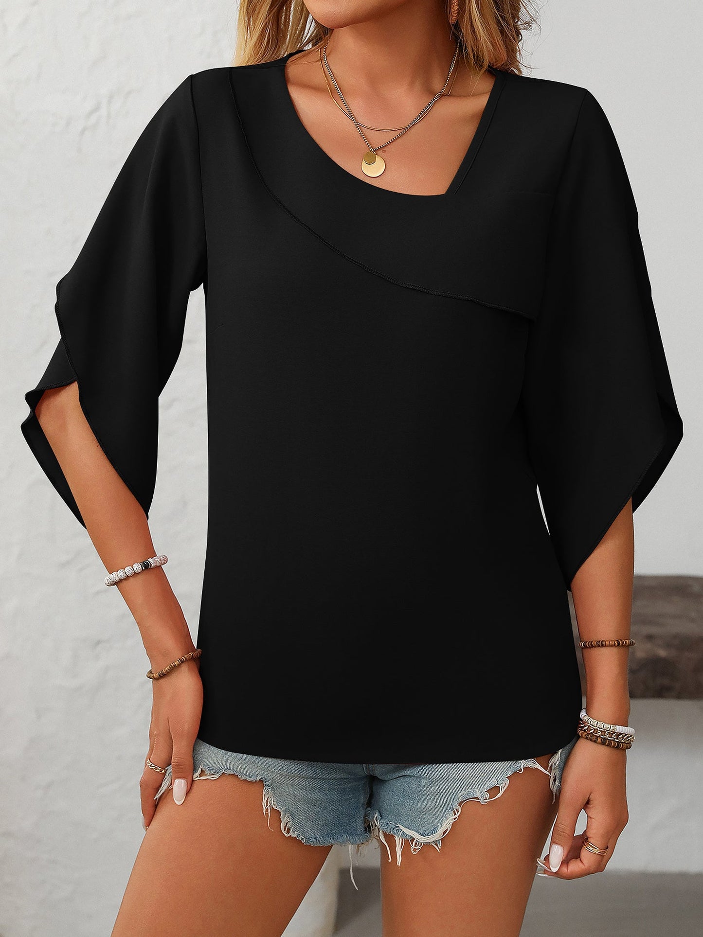 Trendy Irregular Neck Chiffon 3/4 Sleeve Casual Office Blouse
