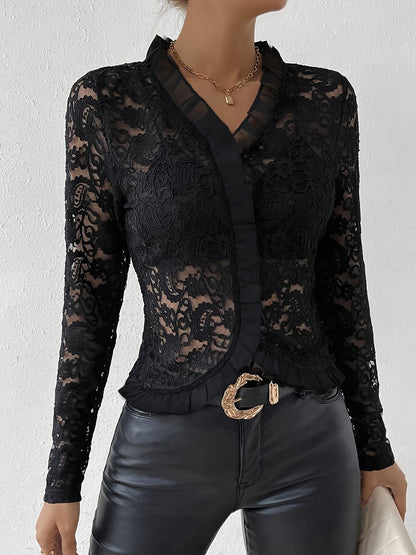 Lace Ruffled Sheer Long Sleeves Blouse