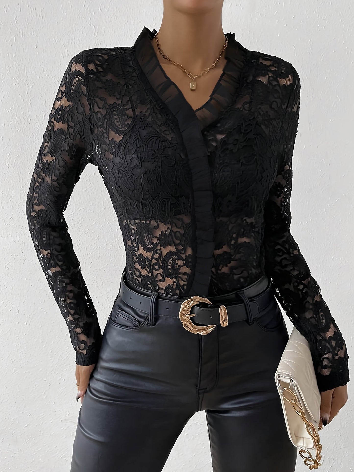 Lace Ruffled Sheer Long Sleeves Blouse