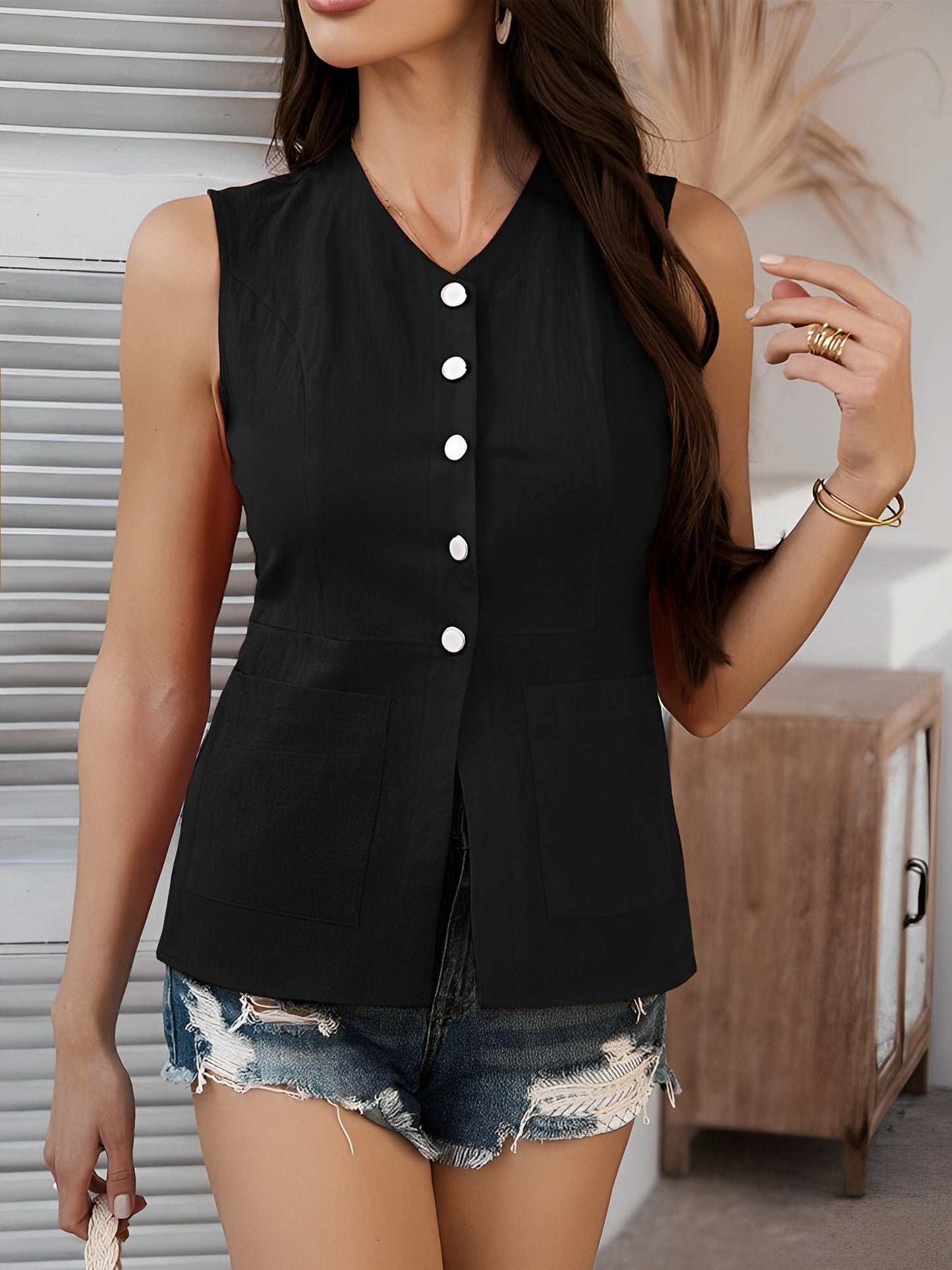 Flattering Relaxed Fit Solid Color Sleeveless Button Down Pocketed Office Casual Vest