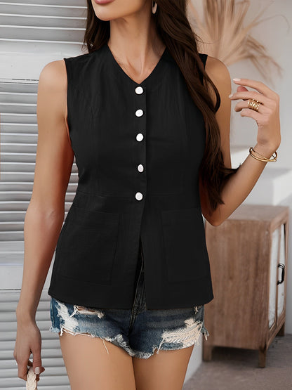 Flattering Relaxed Fit Solid Color Sleeveless Button Down Pocketed Office Casual Vest