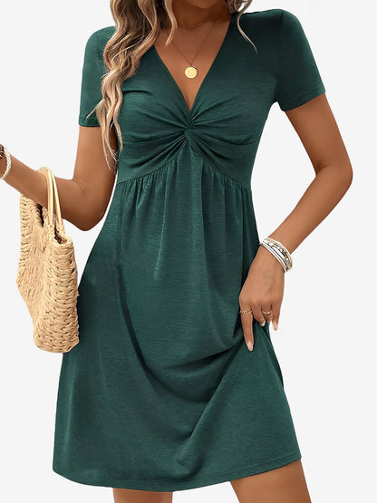 V Neck Short Sleeves Ruched Casual Mini Dress
