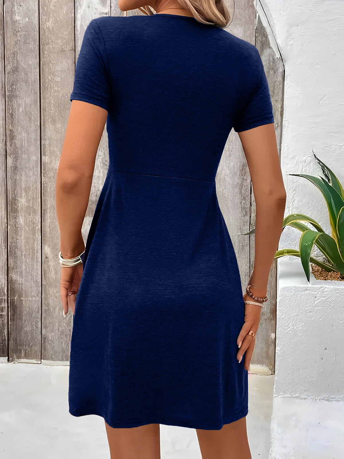 V Neck Short Sleeves Ruched Casual Mini Dress