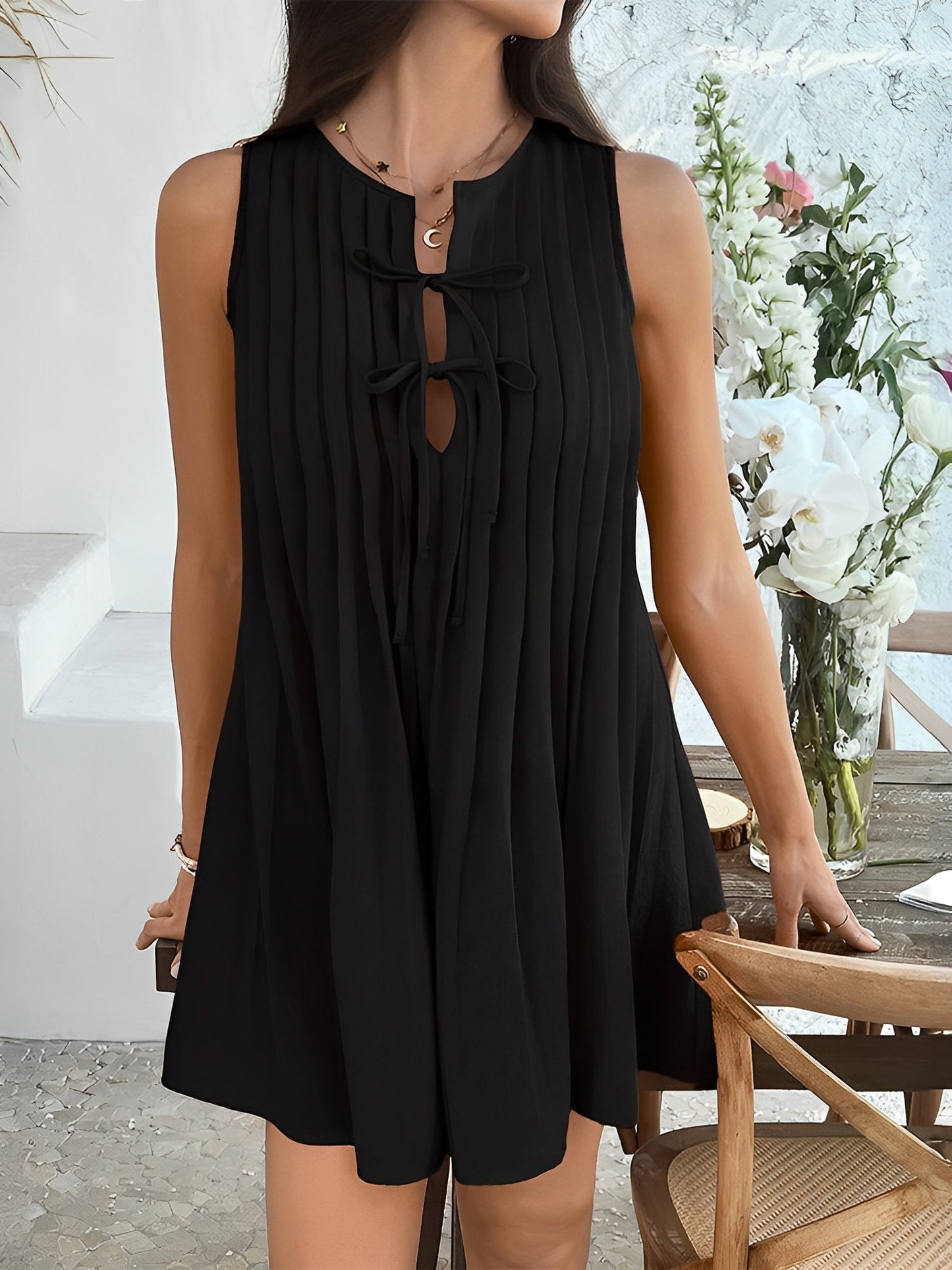 Solid Color Lace-Up Pleated Sleeveless Mini Dress