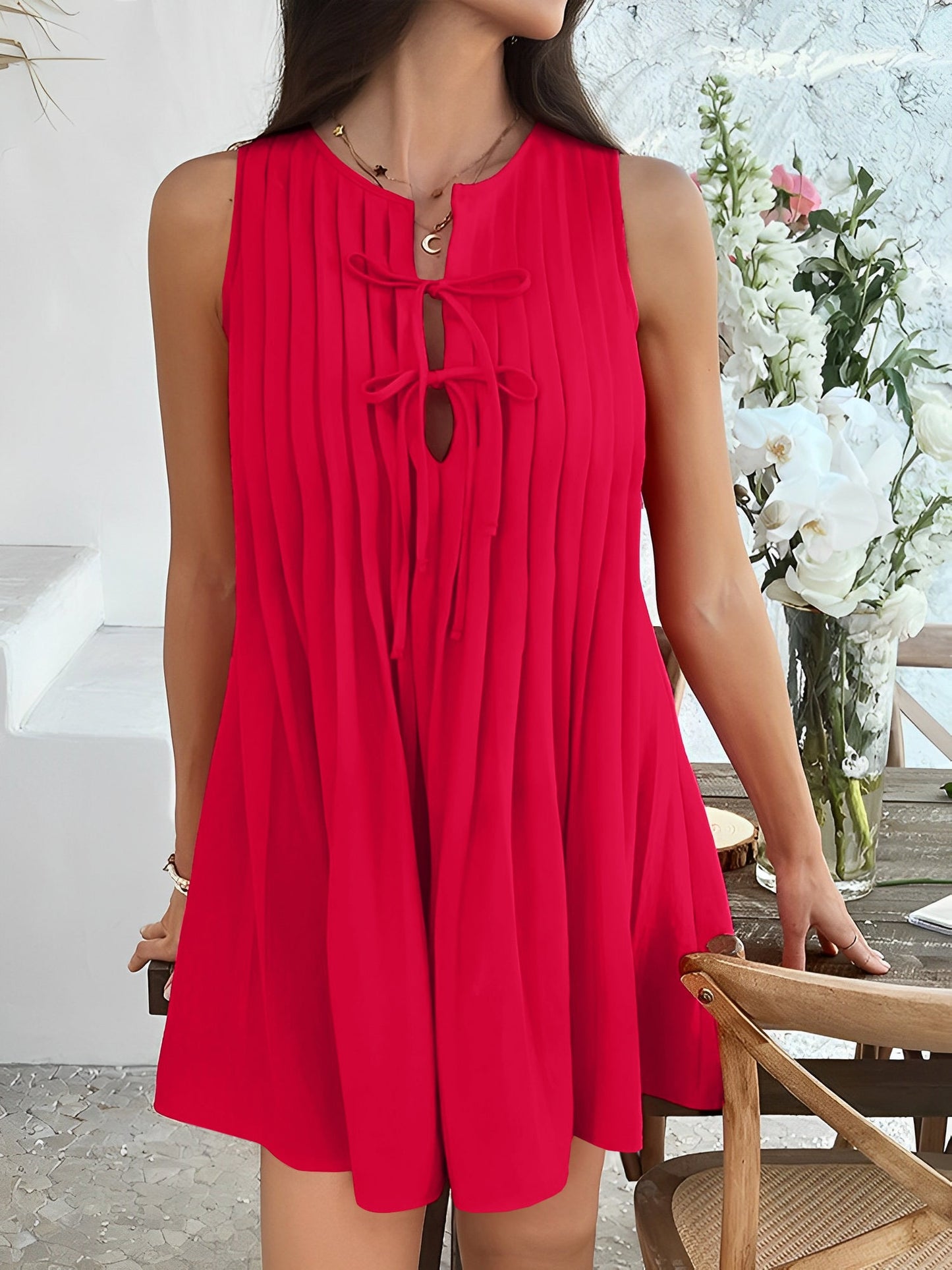 Solid Color Lace-Up Pleated Sleeveless Mini Dress