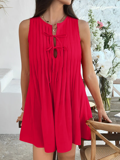 Solid Color Lace-Up Pleated Sleeveless Mini Dress