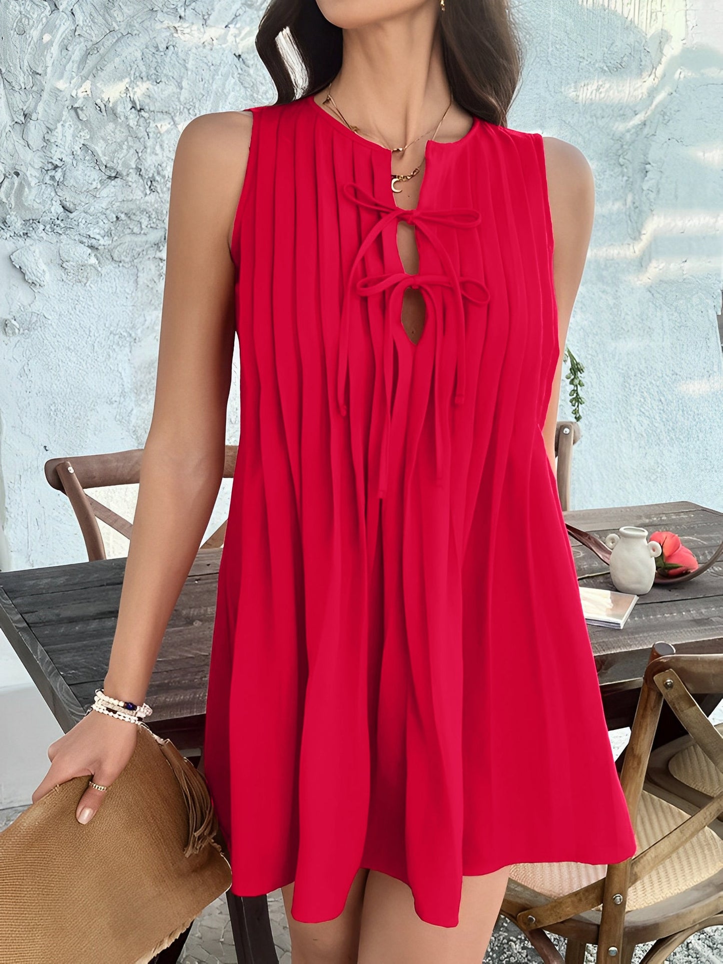 Solid Color Lace-Up Pleated Sleeveless Mini Dress