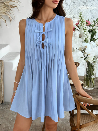 Solid Color Lace-Up Pleated Sleeveless Mini Dress