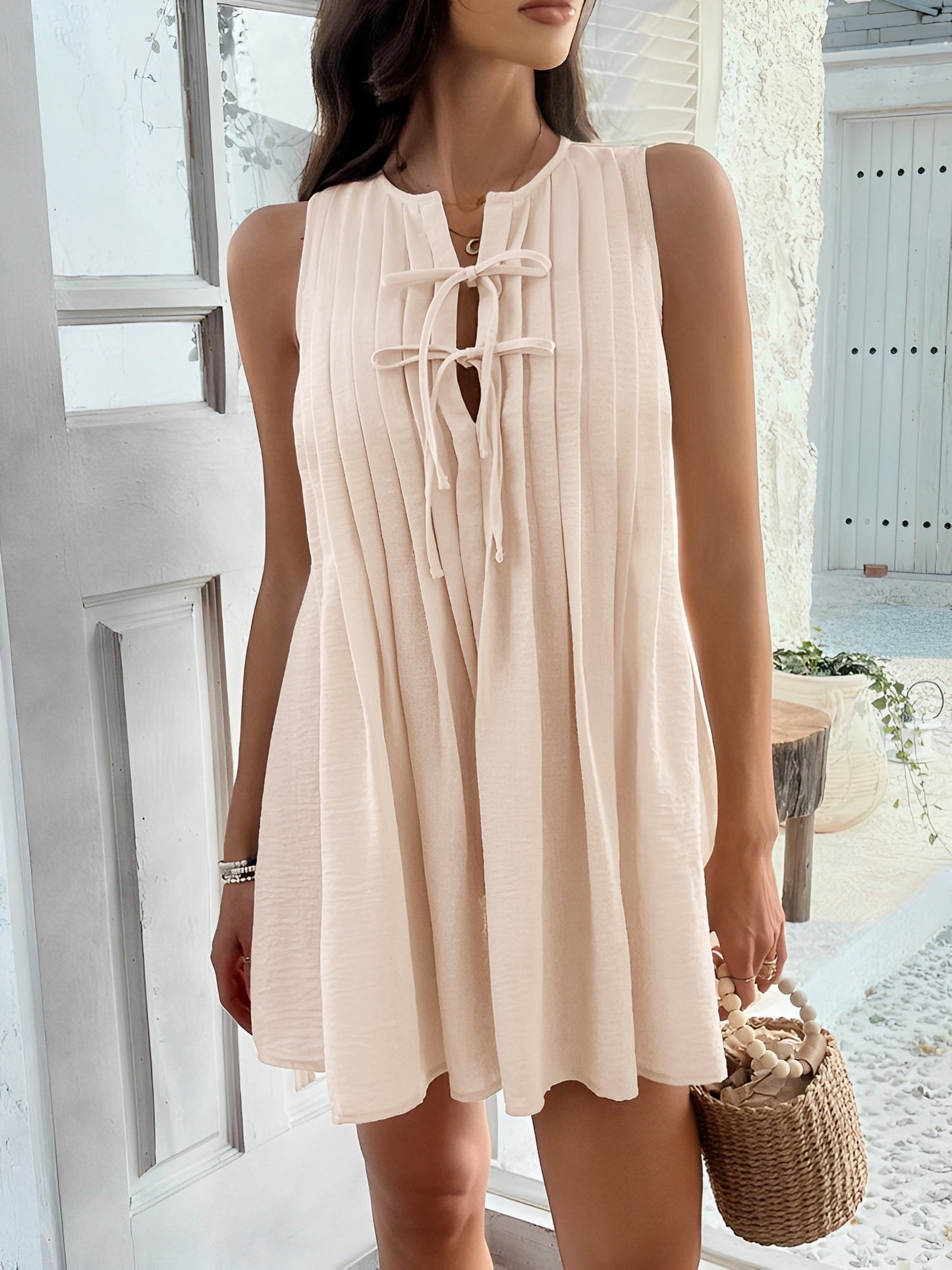 Solid Color Lace-Up Pleated Sleeveless Mini Dress