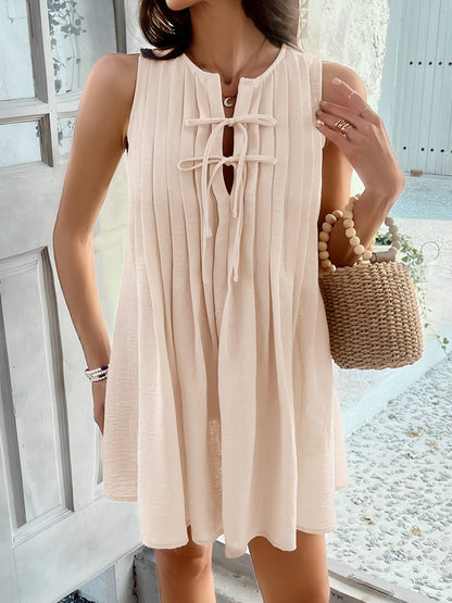 Solid Color Lace-Up Pleated Sleeveless Mini Dress