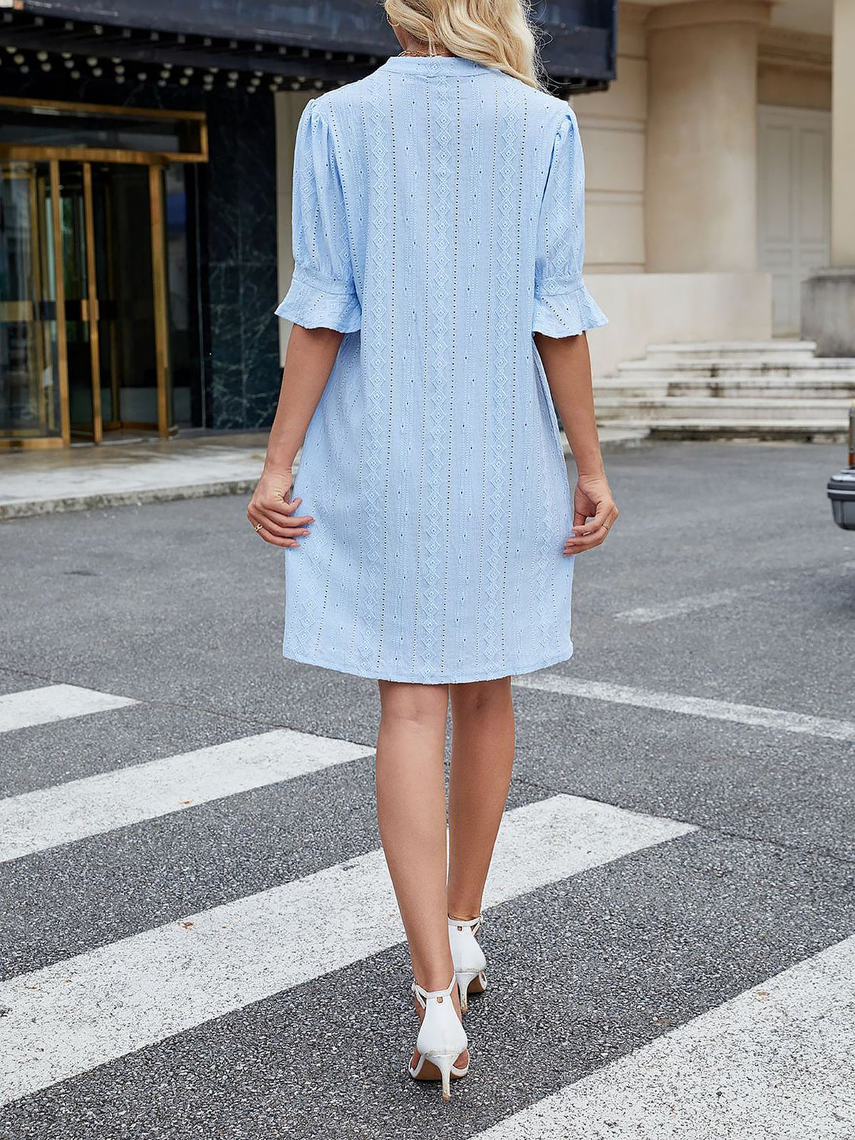 Notch Neck 3/4 Ruffled Sleeves Eyelet Dress