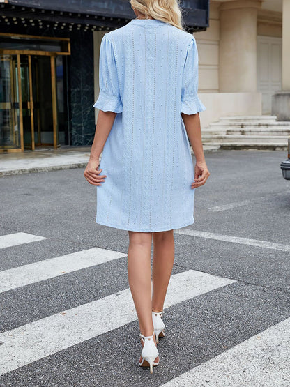 Notch Neck 3/4 Ruffled Sleeves Eyelet Dress
