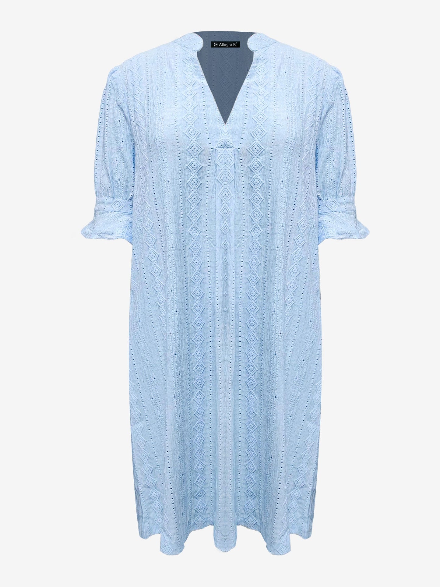 Notch Neck 3/4 Ruffled Sleeves Eyelet Dress