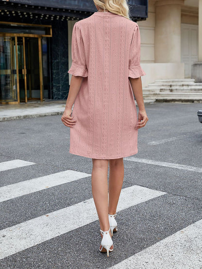 Notch Neck 3/4 Ruffled Sleeves Eyelet Dress