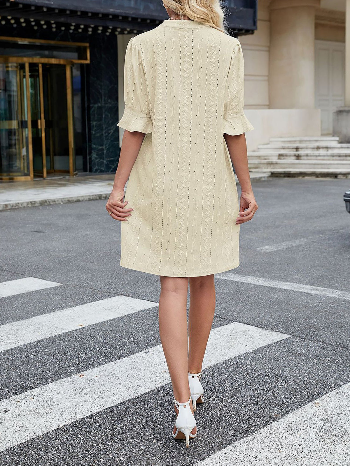 Notch Neck 3/4 Ruffled Sleeves Eyelet Dress