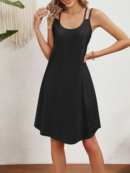Solid Color Round Neck Sleeveless Eyelet Dress