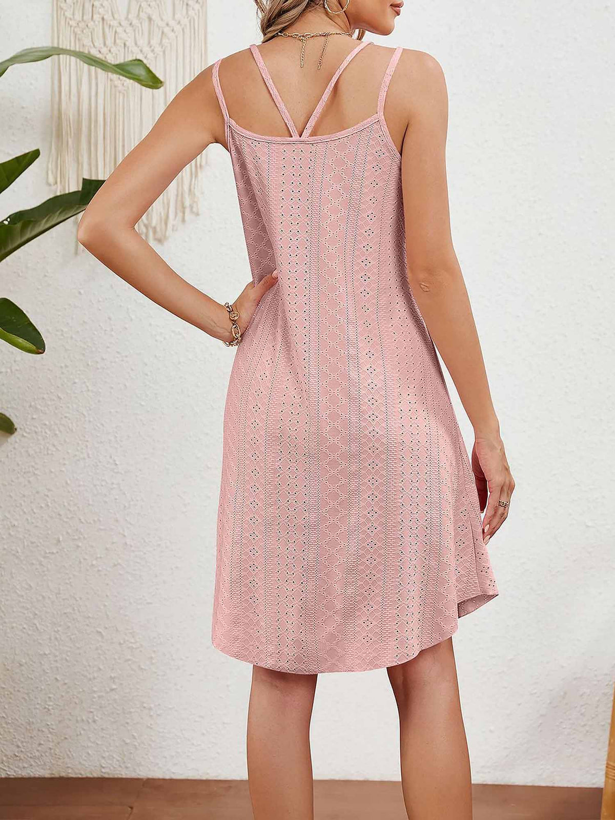 Solid Color Round Neck Sleeveless Eyelet Dress