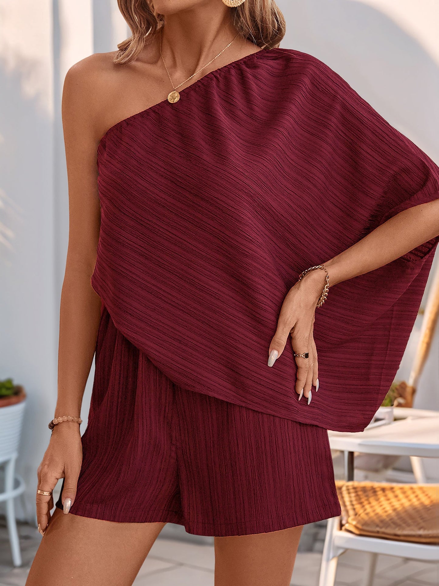 Textured One Shoulder Solid Color Rompers