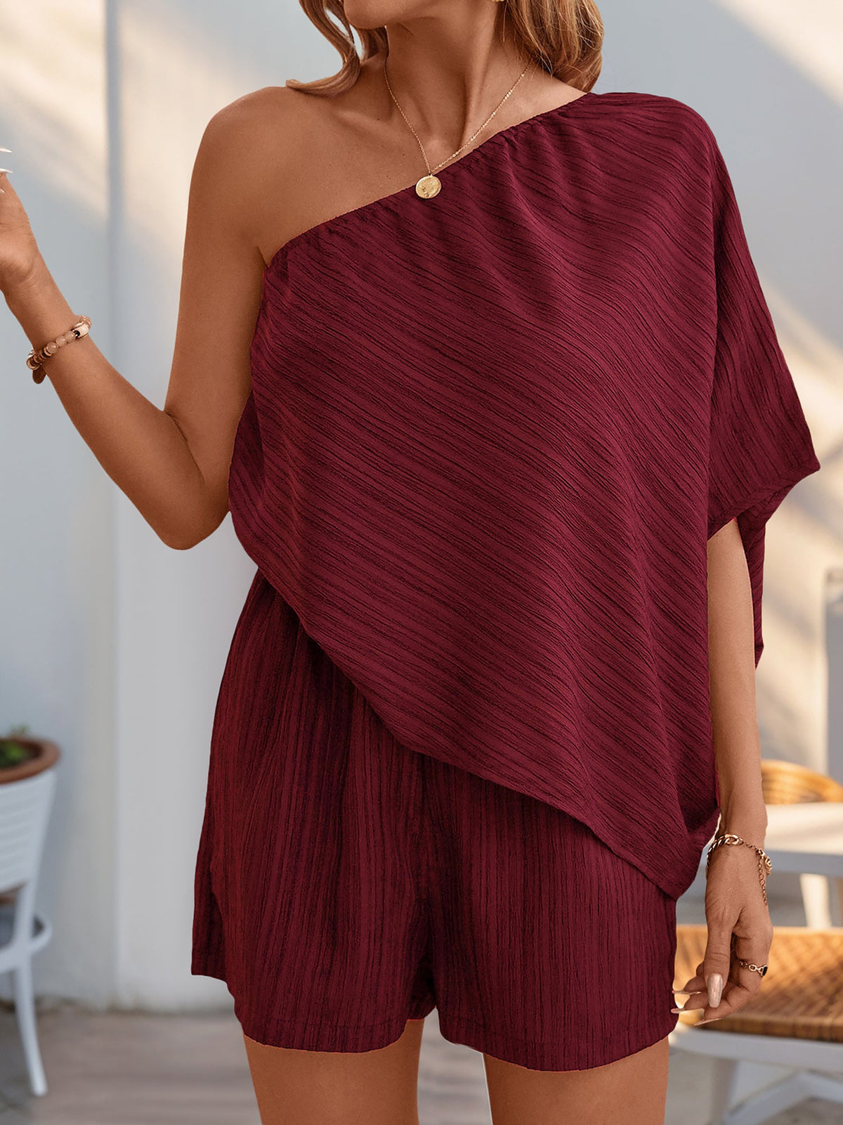 Textured One Shoulder Solid Color Rompers