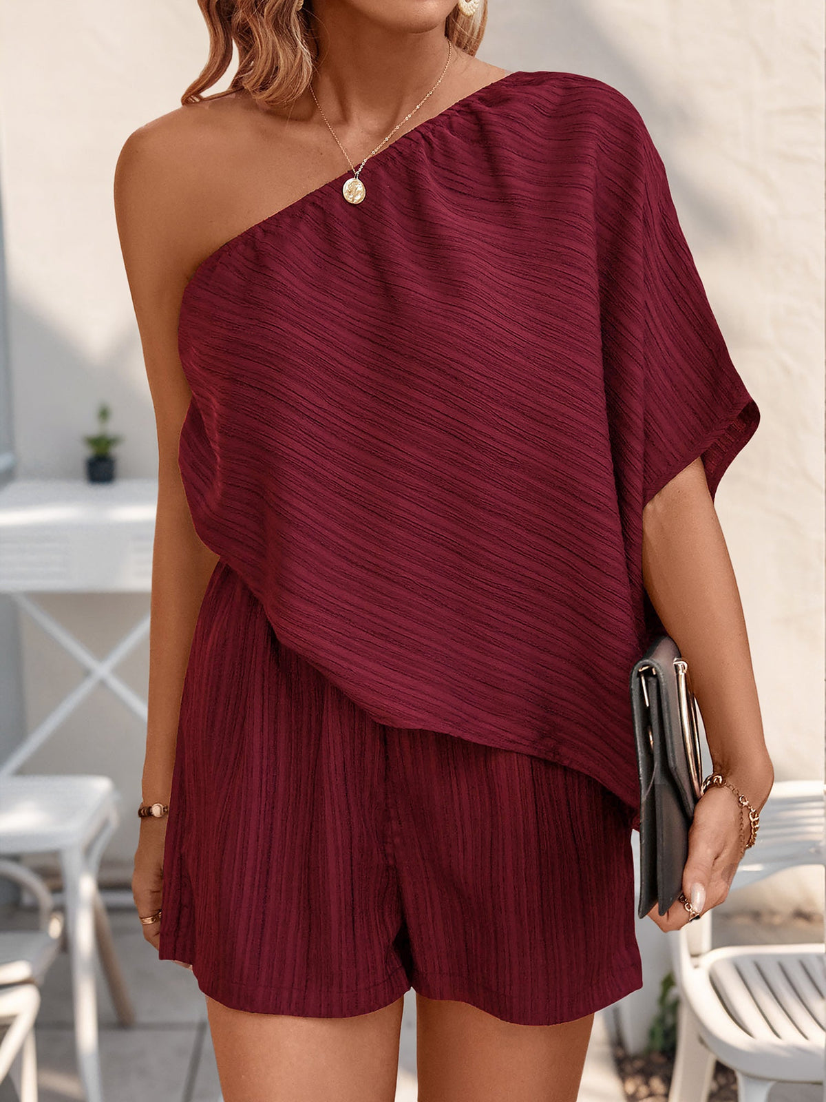 Textured One Shoulder Solid Color Rompers