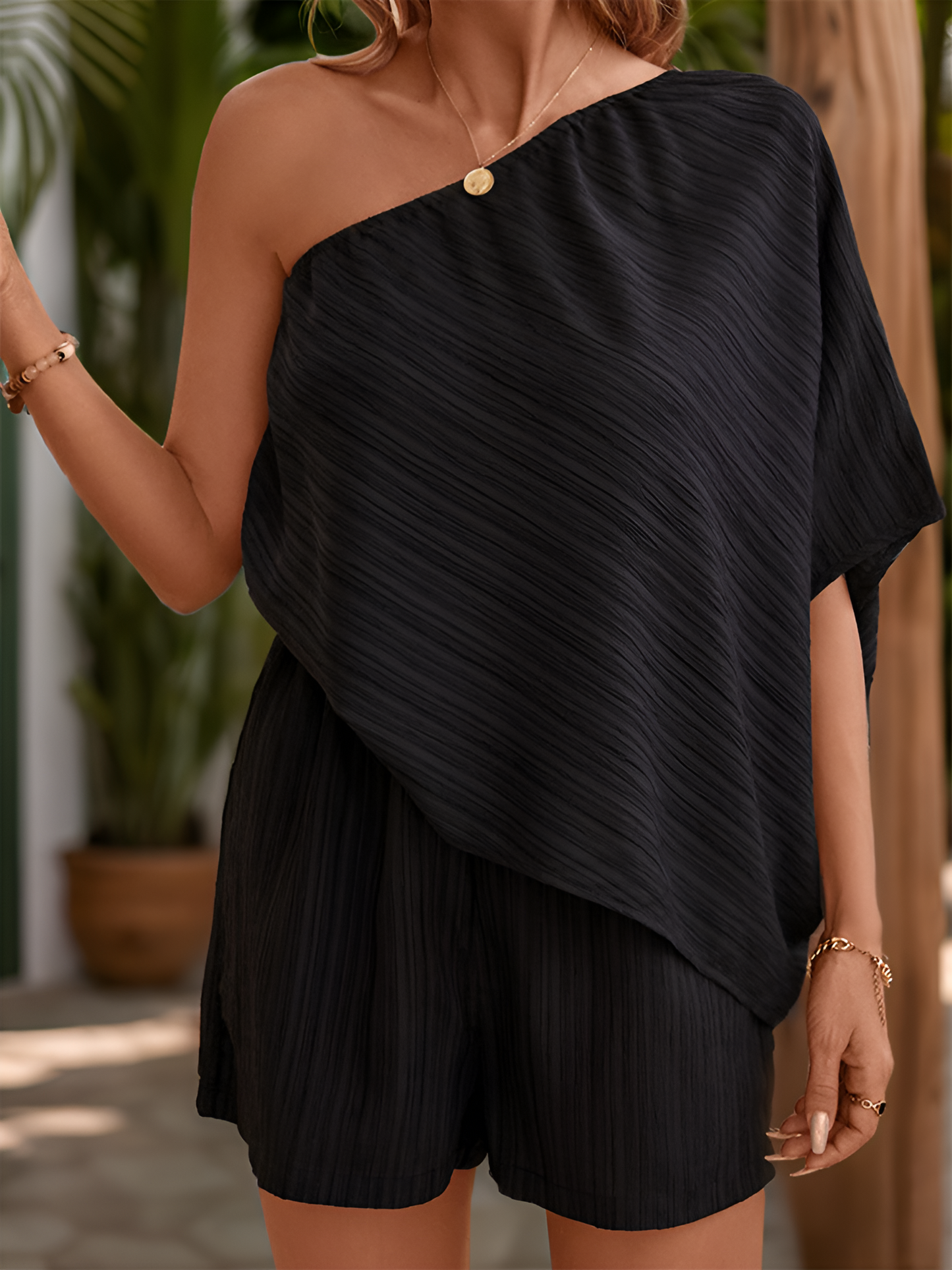 Textured One Shoulder Solid Color Rompers