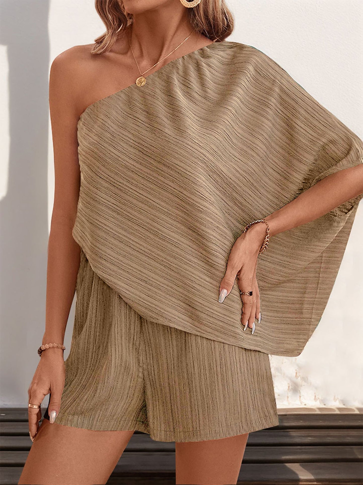 Textured One Shoulder Solid Color Rompers