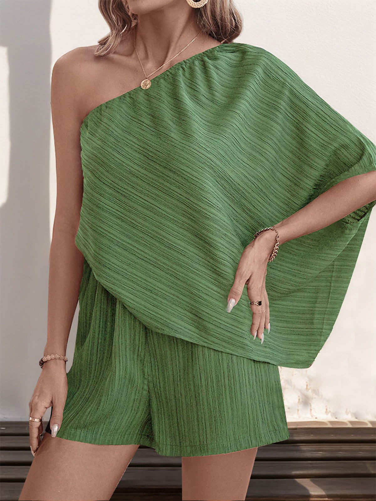 Textured One Shoulder Solid Color Rompers