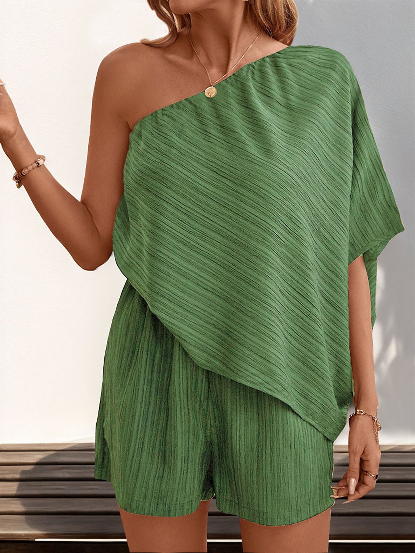 Textured One Shoulder Solid Color Rompers