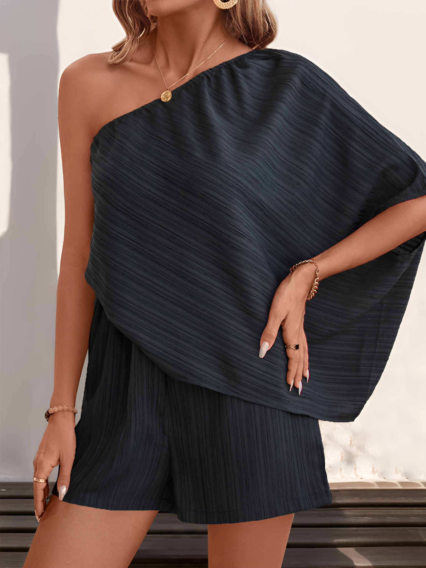 Textured One Shoulder Solid Color Rompers