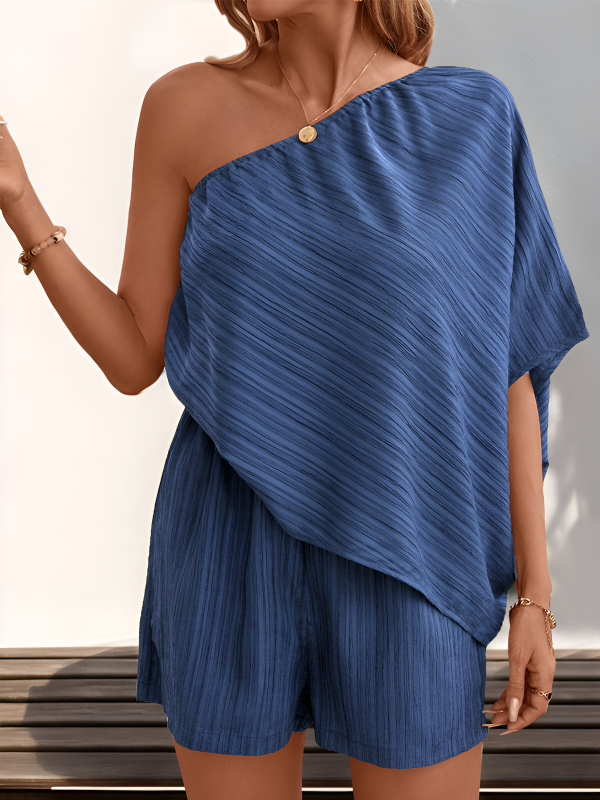 Textured One Shoulder Solid Color Rompers