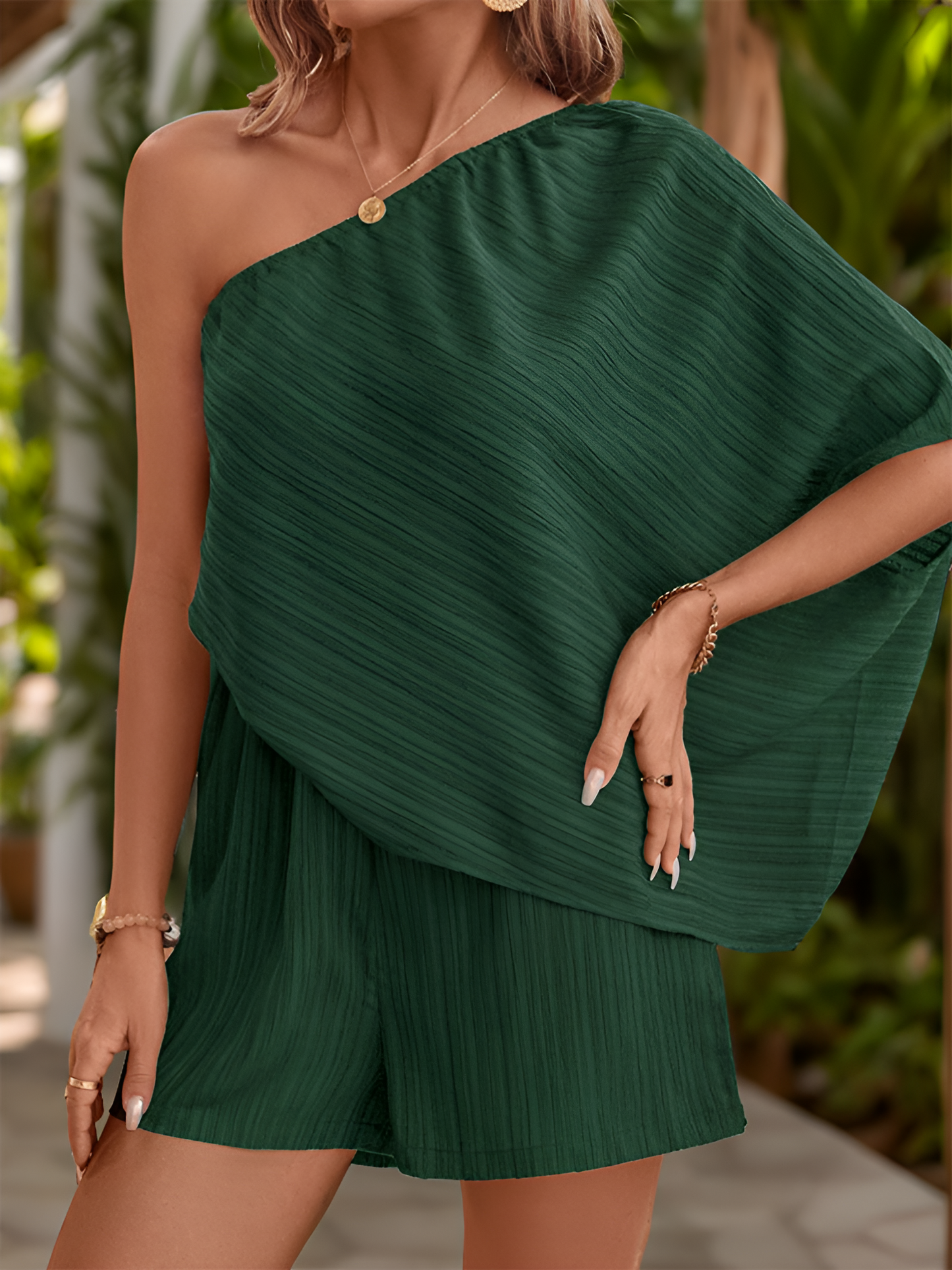 Textured One Shoulder Solid Color Rompers