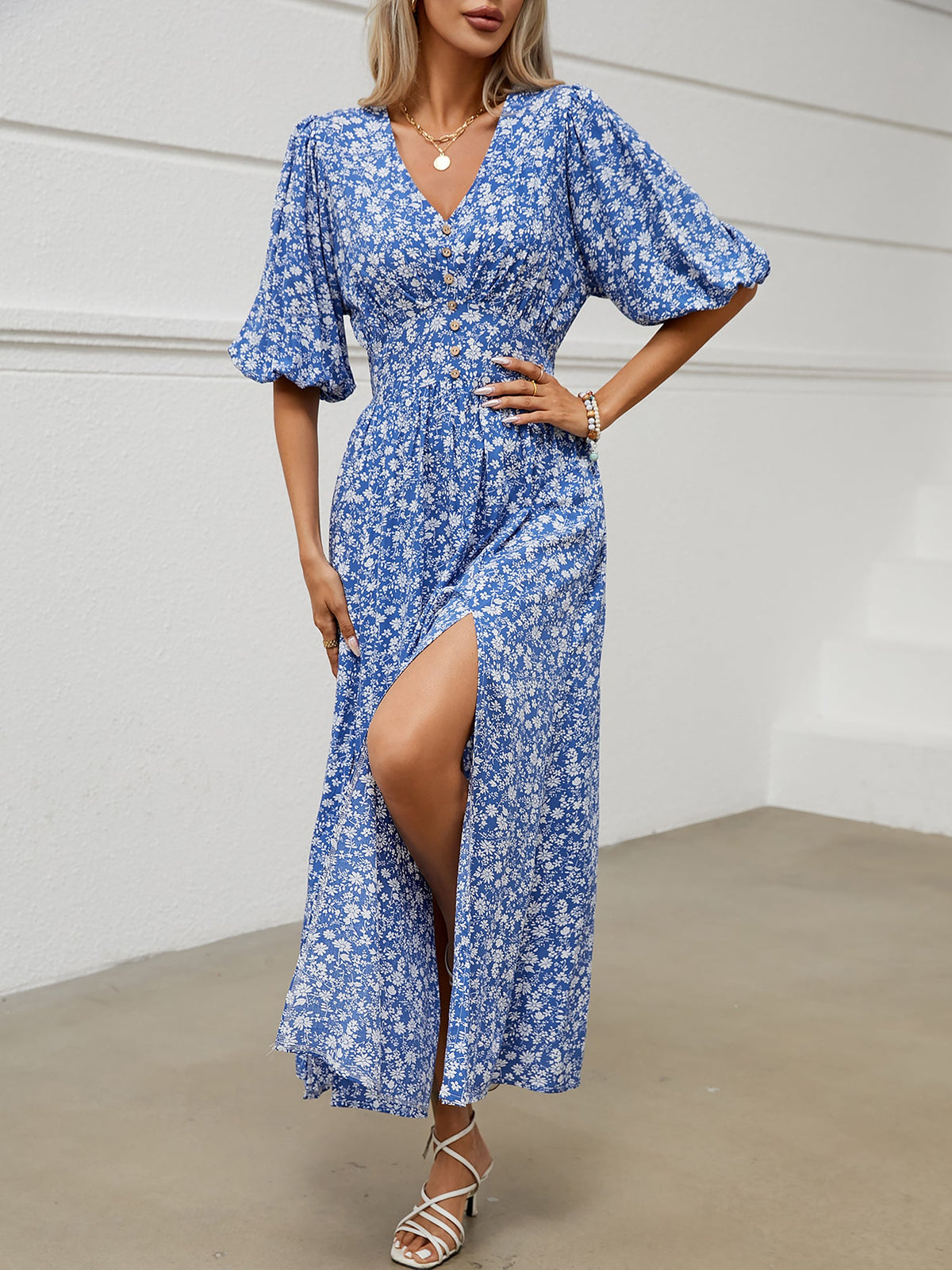 V Neck Lantern Sleeve Floral Slit Midi Dress