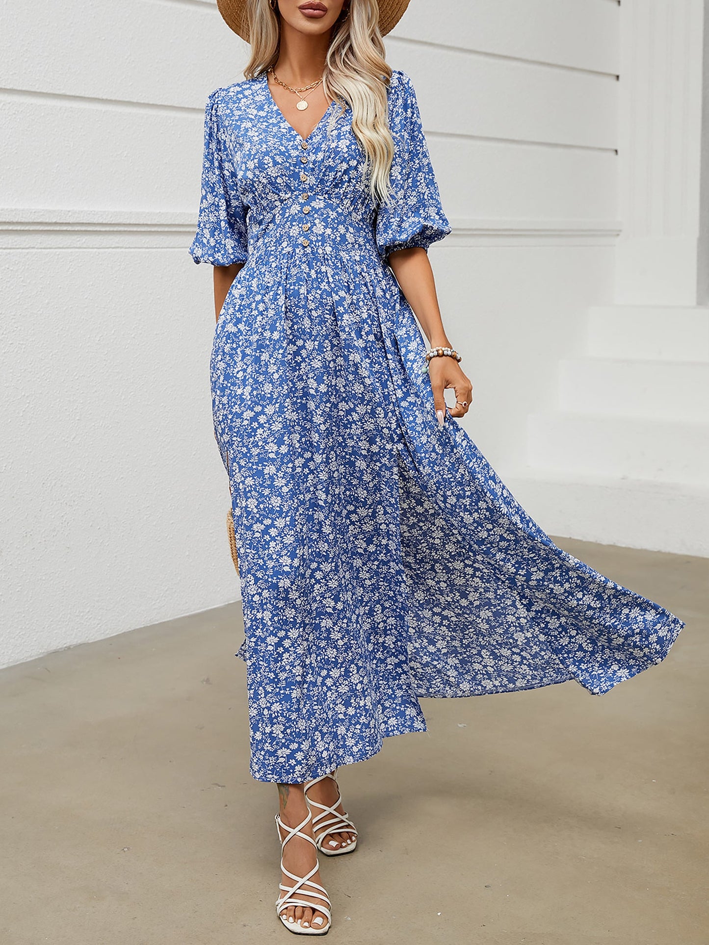 V Neck Lantern Sleeve Floral Slit Midi Dress